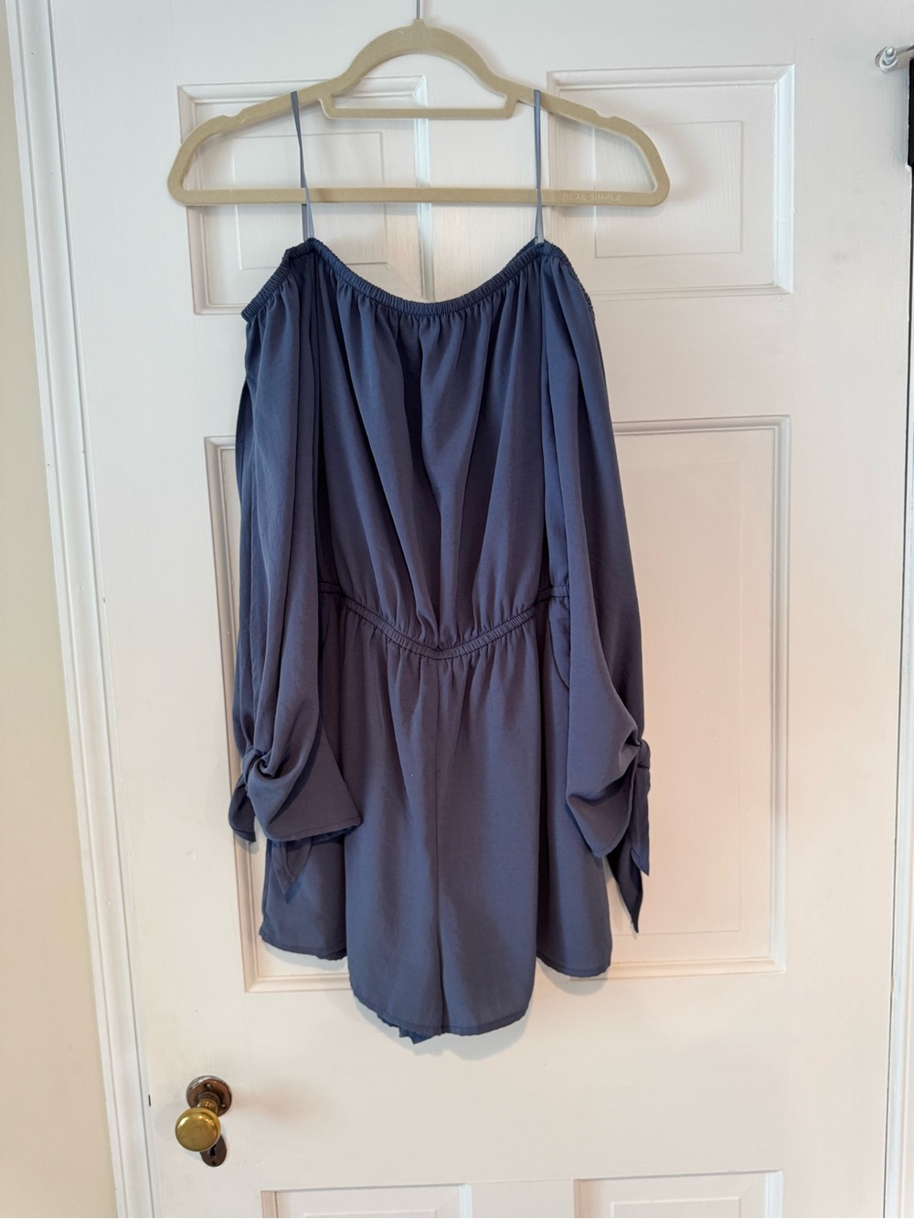 Womens Blue Off-Shoulder Romper with Tie Sleeves